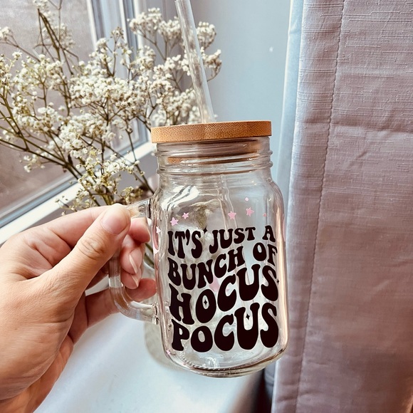 Other - Hocus pocus Glass cup with bamboo lid and straw